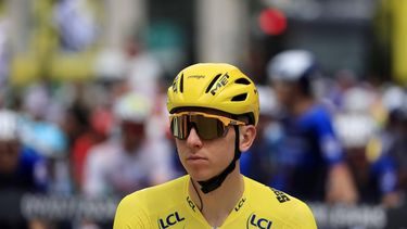 epa11467848 Yellow jersey Slovenian rider Tadej Pogacar of UAE Team Emirates looks on ahead of the tenth stage of the 2024 Tour de France cycling race over 187km from Orleans to Saint-Amand-Montrond, France, 09 July 2024.  EPA/GUILLAUME HORCAJUELO