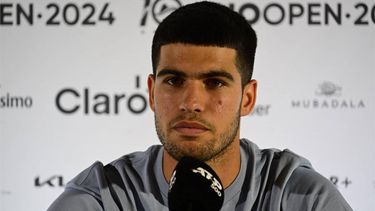 Spain's Carlos Alcaraz speaks during a press conference on the eve of his first match in the ATP 500 Rio Open in Rio de Janeiro, Brazil on February 19, 2024. 
Pablo PORCIUNCULA / AFP