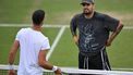 Serbia's Novak Djokovic takes part in a training session with Australia's Nick Kyrgios on the Aorangi practice courts on the eleventh day of the 2024 Wimbledon Championships at The All England Lawn Tennis and Croquet Club in Wimbledon, southwest London, on July 11, 2024. 
ANDREJ ISAKOVIC / AFP