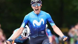 Alex Aranburu of Movistar Team celebrates as he crosses the finish line to win stage 4 of the Baloise Belgium Tour cycling race in Durbuy, on June 15, 2024. 
DAVID PINTENS / Belga / AFP
