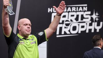 epa11619956 Michael van Gerwen of the Netherlands celebrates winning the final of the 2024 PDC European Tour Hungarian Darts Trophy in Budapest, Hungary, 22 September 2024.  EPA/Robert Hegedus HUNGARY OUT