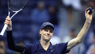 Italy’s Jannik Sinner celebrates after defeating Italy’s Lorenzo Musetti during their men's singles quarterfinal tennis match on day eleven of the US Open tennis tournament at the USTA Billie Jean King National Tennis Center in New York City, on September 3, 2025. 
CHARLY TRIBALLEAU / AFP