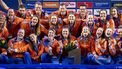 EINDHOVEN - Vreugde bij de Nederlandse waterpoloploeg (vrouwen) na het winnen van de finale van het EK waterpolo van Spanje in het Pieter van den Hoogenband Zwemstadion. ANP SANDER KONING