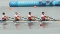 epa11499514 Lennart van Lierop, Finn Florijn, Tone Wieten and Koen Metsemakers of the Netherlands compete during Men Quadruple Sculls heat race of the Rowing competitions in the Paris 2024 Olympic Games, at the Vaires-sur-Marne Nautical Stadium in Vaires-sur-Marne, France, 27 July 2024.  EPA/ALI HAIDER