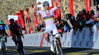 AE Team Emirates' Slovenian rider Tadej Pogacar celebrates winning the third stage of the UAE Tour cycling race from Ras al Khaimah to Jebel Jais in the United Arab Emirates, on February 19, 2025. 
Giuseppe CACACE / AFP