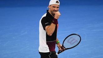 epa11052009 Grigor Dimitrov of Bulgaria in action against Andy Murray of Britain during their round one match on Day 2 of the 2024 Brisbane International tennis tournament at the Queensland Tennis Centre in Brisbane, Queensland, Australia, 01 January 2024.  EPA/JONO SEARLE AUSTRALIA AND NEW ZEALAND OUT