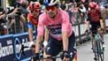 epa12110081 Slovenian rider Primoz Roglic of Red Bull - Bora - Hansgrohe crosses the finish line of the 8th stage of the Giro d'Italia cycling race over 197 km from Giulianova to Castelraimondo, Italy, 17 May 2025.  EPA/LUCA ZENNARO