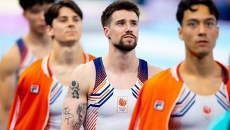 PARIJS - Casimir Schmidt (midden), Loran de Munck (r) en Frank Rijken in actie tijdens de kwalificaties bij het turnen tijdens de Olympische Spelen. De turners kunnen zich kwalificeren voor de teamfinale en individuele finales. ANP IRIS VAN DEN BROEK