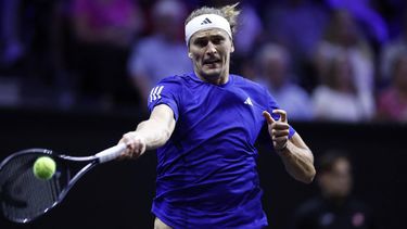 Germany's Alexander Zverev of Team Europe returns the ball to USA's Frances Tiafoe of Team World during their 2024 Laver Cup men's singles tennis match in Berlin, Germany on September 22, 2024. 
Odd ANDERSEN / AFP