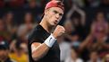 epa11060193 Holger Rune of Denmark celebrates winning against Roman Safiullin of Russia during their semifinal match on Day 7 of the 2024 Brisbane International at the Queensland Tennis Centre in Brisbane, Australia, 06 January 2024.  EPA/JONO SEARLE  AUSTRALIA AND NEW ZEALAND OUT