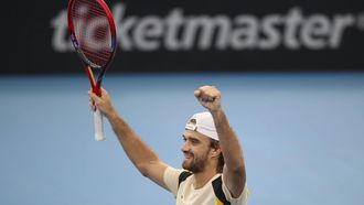 epa12654851 Tomas Machac of Czechia reacts in his match against Ugo Humbert of France during the Men’s Singles Final of the Adelaide International at Memorial Drive Tennis Club in Adelaide, Australia, 17 January 2026.  EPA/MATT TURNER EDITORIAL USE ONLY AUSTRALIA AND NEW ZEALAND OUT