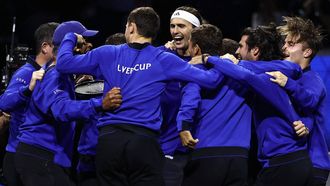 Germany's Alexander Zverev (C) of Team Europe celebrates with teammates following his victory over USA's Learner Tien of Team World to seal victory in their 2026 Laver Cup men's singles tennis match, at the O2 Arena in London on September 27, 2026. 
Henry NICHOLLS / AFP