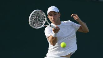 epa13075978 Tallon Griekspoor of the Netherlands reacts during his Men's Singles first round match against James Duckworth of Australia at the Wimbledon Championships in London, Britain, 30 June 2026.  EPA/ADAM VAUGHAN