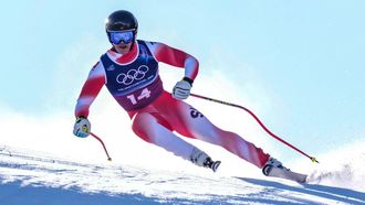 Switzerland's Franjo von Allmen competes in the downhill run of the men's team combined alpine skiing event during the Milano Cortina 2026 Winter Olympic Games at the Stelvio Ski Centre in Bormio (Valtellina) on February 9, 2026. 
Dimitar DILKOFF / AFP