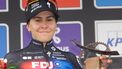 epa12896314 First placed French cyclist Celia Gery of team FDT United smiles on the podium for the women's Brabantse Pijl cycling race over 125.7km from Lennik to Overijse, Belgium, 17 April 2026.  EPA/OLIVIER MATTHYS