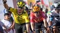 Visma-Lease a Bike team's Belgian rider Olav Kooij (L) celebrates while crossing the finish line to win the fourth stage of the Tour of Oman cycling race from Oman Across Ages Museum to Oman Convention Center, on February 11, 2025.  
Loic VENANCE / AFP