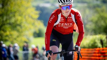 Fenix-Premier Tech Dutch rider Puck Pieterse cycles during a track reconnaissance session, ahead of the Liege-Bastogne-Liege one day cycling race, near Liege on April 24, 2026. 
JASPER JACOBS / Belga / AFP