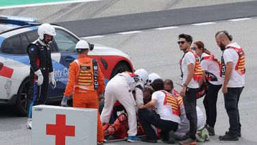2023-09-03 16:04:33 Ducati Italian rider Francesco Bagnaia receives medical assistance after a fall during the MotoGP race of the Moto Grand Prix de Catalunya at the Circuit de Catalunya in Montmelo, on the outskirts of Barcelona, on September 3, 2023. 
LLUIS GENE / AFP