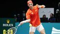 epa11600551 Dutch Tallon Griekspoor in action against Brazilian Thiago Monteiro during their match in the Davis Cup Group Stage Finals between the Netherlands and Brazil in Bologna, Italy, 12 September 2024.  EPA/ELISABETTA BARACCHI