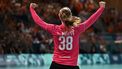 Netherlands' goalkeeper #38 Yara ten Holte celebrates a goal during the Women's Preliminary Round Group B handball match between Netherlands and Spain of the Paris 2024 Olympic Games, at the Paris South Arena in Paris, on July 30, 2024.  
Damien MEYER / AFP