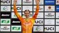Gold medalist Netherlands' Lorena Wiebes celebrates on the podium after winning the women's scratch race during the 2026 UCI Track World Championships at the Shanghai Velodrome in Shanghai on October 14, 2026. 
STR / AFP