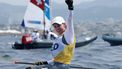 epa11533192 Gold medalist Marit Bouwmeester of the Netherlands celebrates after the Women's Dinghy Medal Race of the Sailing competitions in the Paris 2024 Olympic Games, at the Marseille Marina in Marseille, France, 07 August 2024.  EPA/OLIVIER HOSLET