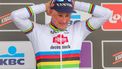 epa11241331 Second placed Dutch cyclist Mathieu van der Poel of team Alpecin–Deceuninck smiles on the podium after the Gent-Wevelgem cycling classic over 253.1km from Ypres to Wevelgem, Belgium, 24 March 2024.  EPA/OLIVIER MATTHYS
