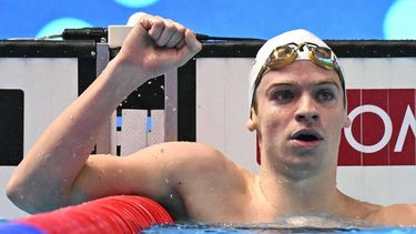 France's swimmer Leon Marchand reacts after winning  the final of the men's 400m individual medley swimming event during the 2025 World Aquatics Championships in Singapore on August 3, 2025. 
Manan VATSYAYANA / AFP