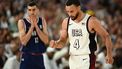 USA's #04 Stephen Curry reacts in the men's semifinal basketball match between USA and Serbia during the Paris 2024 Olympic Games at the Bercy  Arena in Paris on August 8, 2024. 
Aris MESSINIS / AFP