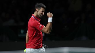 2023-11-25 16:26:54 Serbia's Novak Djokovic reacts against Italy's Jannik Sinner during the second men's singles semifinal tennis match between Italy and Serbia of the Davis Cup tennis tournament at the Martin Carpena sportshall, in Malaga on November 25, 2023. 
LLUIS GENE / AFP