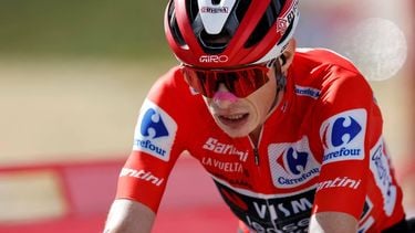 Overall leader team Visma-Lease a bike's Danish rider Jonas Vingegaard is pictured after winning the 20th stage of the Vuelta a Espana 2025, a 156 km race between Robledo de Chavela and Bola del Mundo, near Navacerrada, on September 13, 2025.   
Oscar DEL POZO / AFP