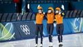 MILAAN - Antoinette Rijpma-de Jong, Joy Beune, Marijke Groenewoud na afloop van de finale ploegenachtervolging vrouwen bij het langebaanschaatsen in het Milano Speed Skating Stadium op de Olympische Winterspelen van Milaan. ROBIN VAN LONKHUIJSEN / ANP