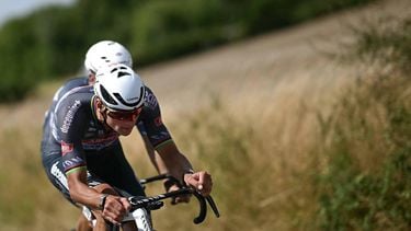 Alpecin - Deceuninck team's Dutch rider Mathieu van der Poel cycles in a breakaway cycles during the 9th stage of the 112th edition of the Tour de France cycling race, 174.1 km between Chinon and Chateauroux, central France, on July 13, 2025. 
Loic VENANCE / AFP