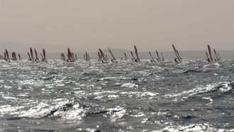 epa11116379 Competitors in action during the iQFOIL Sailing World Cup race, in Playa Blanca, Lanzarote island, Canary Islands, Spain 31 January 2024. This event is a qualifier for Paris 2024 Olympic Games.  EPA/Ardiel Perdomo