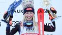 Winner USA's Mikaela Shiffrin celebrates on the podium after the women's Slalom event of the FIS Alpine Ski World Cup in Jasna, Slovakia, on January 21, 2024. 
VLADIMIR SIMICEK / AFP