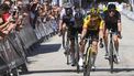 2023-08-17 18:52:02 epa10804402 Slovenian rider Primoz Roglic (C) of Jumbo-Visma team wins the 3rd stage of Vuelta a Burgos Cycling Tour, of 183km from Sargentes de la Lora to Villarcayo, in Burgos, Spain, 17 August 2023. Vuelta a Burgos Cycling Tour runs from 15 to 19 August.  EPA/Santi Otero