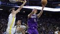 epa11846269 Sacramento Kings forward Domantas Sabonis (R) goes to the basket as Golden State Warriors center Quinten Post (L) defends during the second half of the NBA game between the Golden State Warriors and the Sacramento Kings in Sacramento, California, USA, 22 January 2025.  EPA/JOHN G. MABANGLO  SHUTTERSTOCK OUT