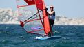 Netherlands' Luuc Van Opzeeland wins the quarterfinals of the men’s IQFoil windsurfing event during the Paris 2024 Olympic Games sailing competition at the Roucas-Blanc Marina in Marseille on August 3, 2024.  
Christophe SIMON / AFP