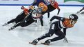 epa11965231 Jens van 'T Wout (R) of the Netherlands and Park Jiwon (C) of South Korea compete in the Men's 1500m Semi Final at the ISU World Short Track Championships 2025 in Beijing, China, 15 March 2025.  EPA/WU HAO