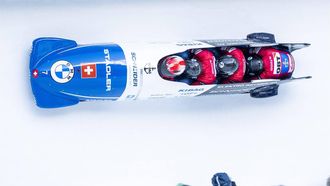 epa10447203 Michael Vogt and Team of Switzerland in action during the Men's 4-Bob race at the Bobsleigh World Championships in St. Moritz, Switzerland, 04 February 2023.  EPA/MAYK WENDT