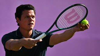 Canada's Milos Raonic prepares to serve against US player Taylor Fritz during their men's singles round of 16 match at the Cinch ATP tennis Championships at Queen's Club in west London on June 19, 2024. 
Ben Stansall / AFP