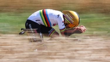 Soudal Quick-Step team's Belgian rider Remco Evenepoel cycles during the 5th stage of the 112th edition of the Tour de France cycling race, 33 km individual time trial starting and finishing in Caen, northwestern France, on July 9, 2025. 
Anne-Christine POUJOULAT / AFP