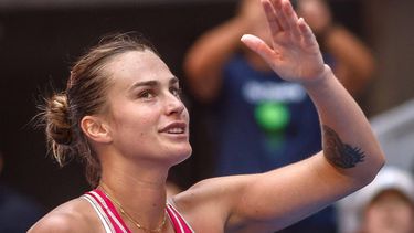 2023-10-03 15:11:27 epa10896633 Aryna Sabalenka of Belarus celebrates after winning her match against Katie Boulter of Britain in the China Open tennis tournament in Beijing, China, 03 October 2023.  EPA/MARK R. CRISTINO