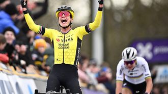 Dutch Marianne Vos of Team Visma-Lease a Bike celebrates after winning the sprint ahead of Belgian Lotte Kopecky of SD Worx - Protime in the women's one-day cycling race Omloop Het Nieuwsblad (UCI World Tour), 127,1km from Gent to Ninove on February 24, 2024. 
JASPER JACOBS / Belga / AFP