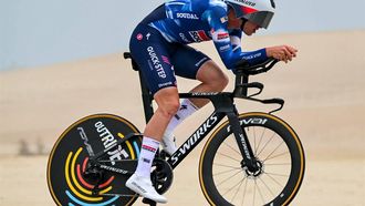 Soudal-QuickStep's Belgian rider Tim Merlier cycles during the second stage of the UAE Tour cycling race in al-Hudayriyat island in Abu Dhabi on February 18, 2025. 
Giuseppe CACACE / AFP