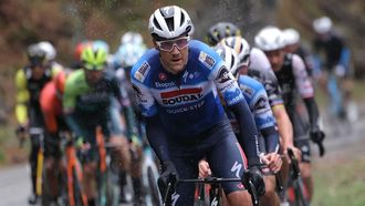 Soudal Quick–Step's Belgian cyclist Louis Vervaeke leads the pack on the final climb during the 7th stage of the Paris-Nice cycling race, 104 km between Nice and La Madone d'Utelle, on March 9, 2024. 
Thomas SAMSON / AFP