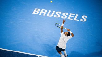 Canada's Felix Auger-Aliassime serves to Belgium's Raphael Collignon during their semi-final single tennis match on the day 6 of the European Open ATP tennis tournament in Brussels, on October 18, 2025.  
JASPER JACOBS / Belga / AFP