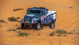 epa11826611 Mitchel Van Den Brink of the Netherlands, Jarno Van De Pol of the Netherlands, and Moises Torrallardona of Spain compete with their Iveco PowerStar for Eurol Rally Sport during the 10th stage of the 2025 Dakar Rally from Haradh to Shubaytah, Saudi Arabia, 15 January 2025.  EPA/Gerard Laurenssen
