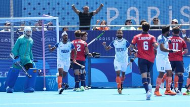 epa11536461 Harmanpreet Singh (2-R) of India celebrates after he scores the 1-1 equaliser during the Men's Bronze Medal Match between India and Spain at the Field Hockey competitions in the Paris 2024 Olympic Games, at the Yves-du-Manoir Stadium in Colombes, France, 08 August 2024.  EPA/YAHYA ARHAB