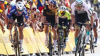 Alpecin-Deceuninck's Belgian rider Jasper Philipsen (L) sprints ahead of Jumbo-Visma's Belgian rider Wout Van Aert (C), Intermarche - Circus - Wanty's Eritrean rider Biniam Girmay (C) and Bahrain - Victorious' German rider Phil Bauhaus (R) to win the 3rd stage of the 110th edition of the Tour de France cycling race, 193,5 km between Amorebieta-Etxano in Northern Spain and Bayonne in southwestern France, on July 3, 2023. 
Anne-Christine POUJOULAT / AFP